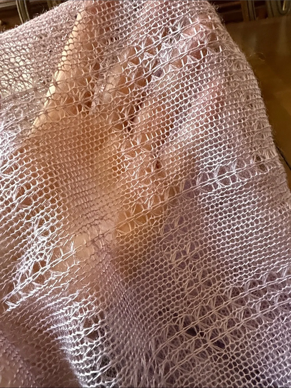 Vintage ca 1970’s Light Lavender mesh Knit Shawl Scarf 48x46” made in Japan